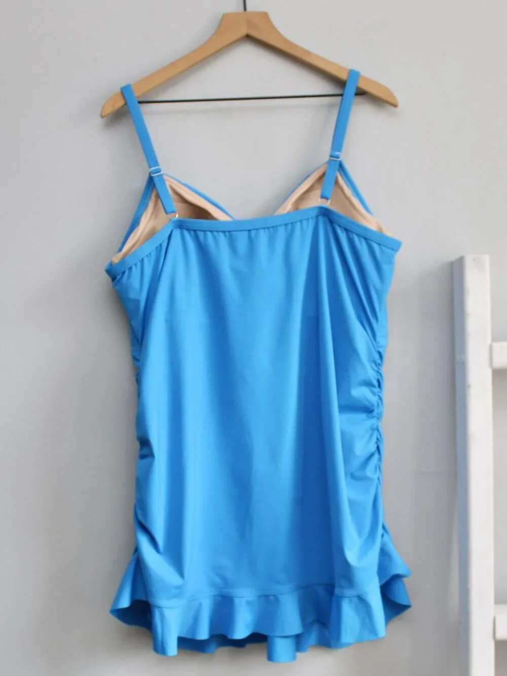 Lands’ End Blue Ruffle Spaghetti Strap Underwire Swim Tankini Tunic Top Size 22W